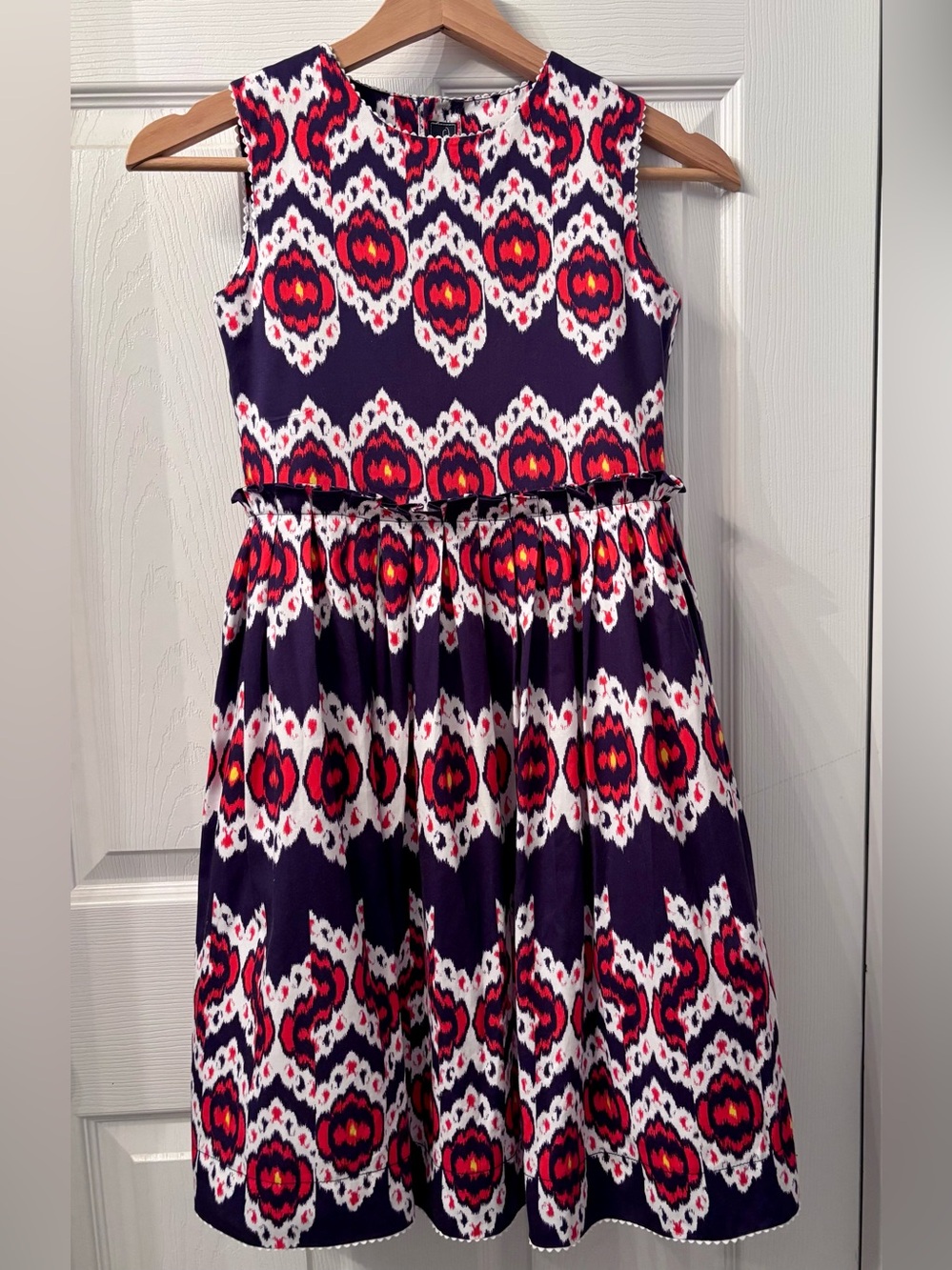 Oscar de la Renta Navy Dress with Red, White & Pink Ikat Motif